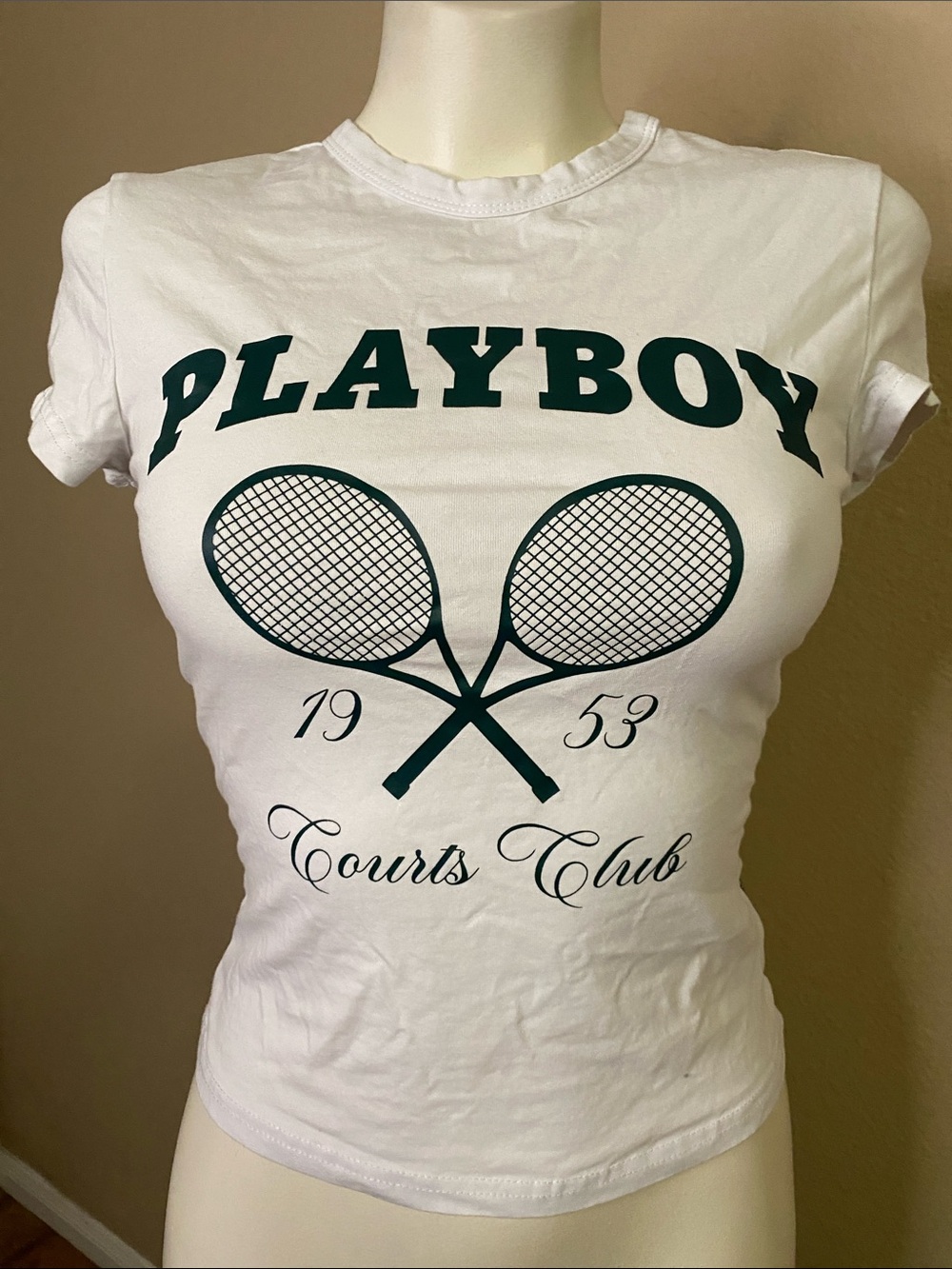 Playboy x Missguided Courts tennis Club white cropped baby tee S